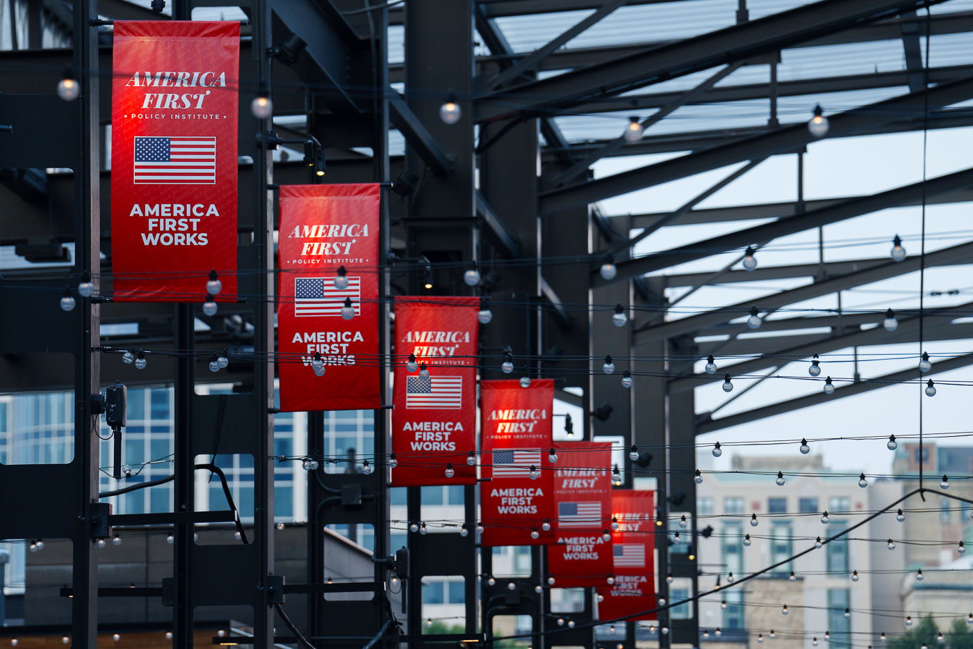 America First Policy Institute banners in Milwaukee at the Republican National Convention.