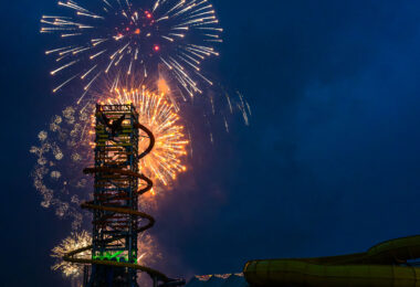 While other cities and resorts around Wisconsin Dells postponed July 4th fireworks due to weather, Mt Olympus said the show must go on. Fireworks lit up the sky behind The Rise of Icarus, America’s tallest waterslide (145ft) that opened a few weeks ago.