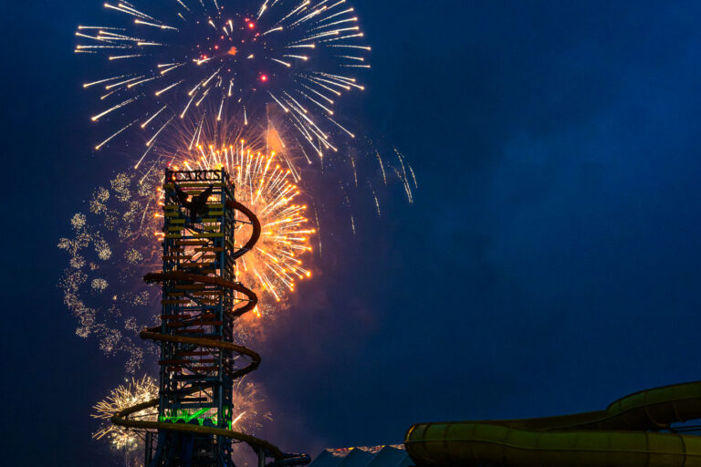 Fireworks at Mt. Olympus in Wisconsin Dells 3 While other cities and resorts around Wisconsin Dells postponed July 4th fireworks due to weather, Mt Olympus said the show must go on. Fireworks lit up the sky behind The Rise of Icarus, America’s tallest waterslide (145ft) that opened a few weeks ago.