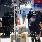 Police officers from Columbus, Ohio on bicycles outside the Republican National Convention in Milwaukee.