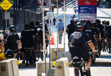 Police officers from Columbus, Ohio on bicycles outside the Republican National Convention in Milwaukee.