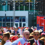Delegates gather outside Fiserv Forum at the 2024 Republican National Convention.