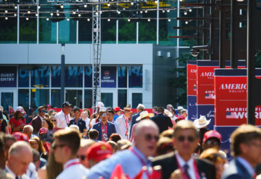 Delegates gather outside Fiserv Forum at the 2024 Republican National Convention.