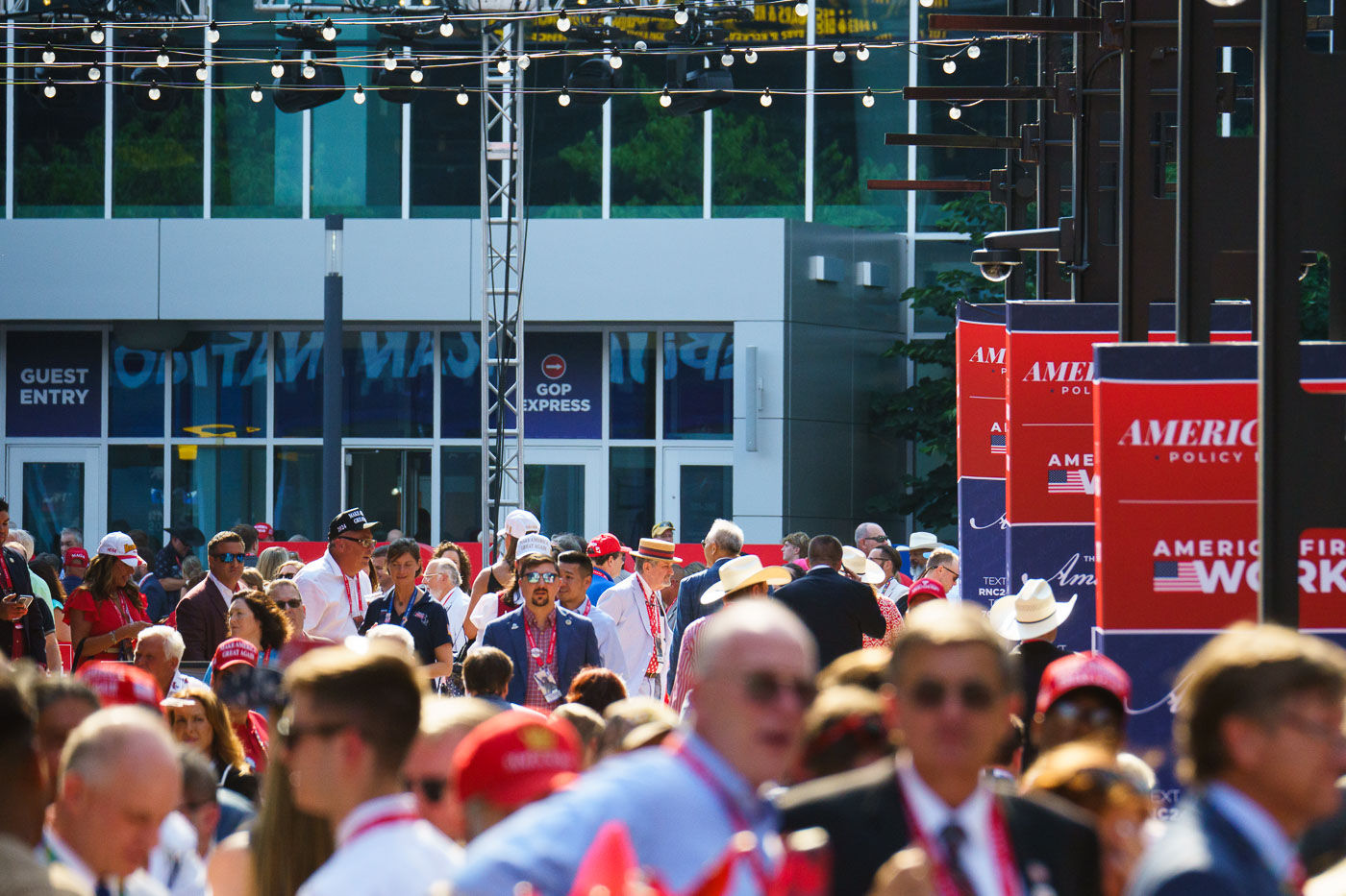 Delegates gather outside Fiserv Forum at the 2024 Republican National Convention.