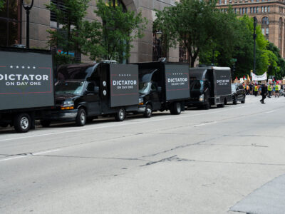 Milwaukee RNC: "Dictator on Day One" trucks and protest