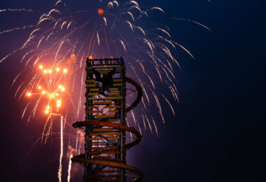 While other cities and resorts around Wisconsin Dells postponed July 4th fireworks due to weather, Mt Olympus said the show must go on. Fireworks lit up the sky behind The Rise of Icarus, America’s tallest waterslide (145ft) that opened a few weeks ago.