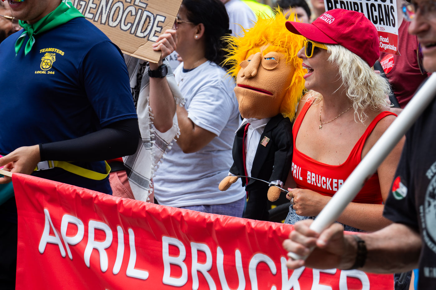 Las Vegas ventriloquist April Brucker and her puppet “Donald J. Tramp” marching at the 2024 Republican National Convention.