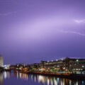 Lightning hits Fiserv Forum in Milwaukee tonight as former President Trump makes an appearance at Day 1 of the 2024 Republican National Convention. With a bandage on his ear following an assassination attempt 2 days ago, he appeared for the first time with chosen VP, J.D. Vance.