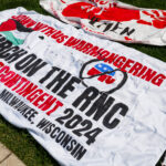 A March On The RNC Anti-War Contingent banner in Milwaukee.Thousands of protesters marched on July 15th 2024 outside the Republican National Convention in Milwaukee.