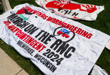 A March On The RNC Anti-War Contingent banner in Milwaukee.Thousands of protesters marched on July 15th 2024 outside the Republican National Convention in Milwaukee.