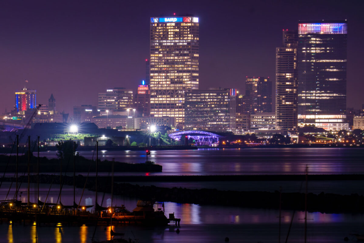 Buildings in Milwaukee lit up in Red White and Blue during the Republican National Convention.