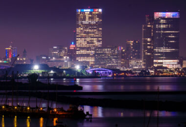 Buildings in Milwaukee lit up in Red White and Blue during the Republican National Convention.
