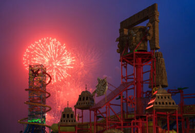 While other cities and resorts around Wisconsin Dells postponed July 4th fireworks due to weather, Mt Olympus said the show must go on. Fireworks lit up the sky behind The Rise of Icarus, America’s tallest waterslide (145ft) that opened a few weeks ago.