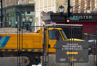 Security fencing and dump truck outside the Pfister Hotel during the Republican National Convention. The hotel is where former President Trump is staying.