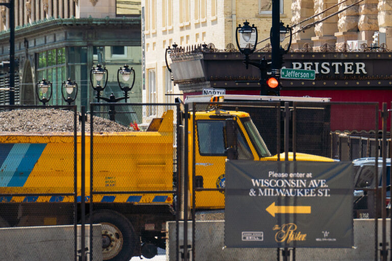 Pfister Hotel during the Republican National Convention 1 Security fencing and dump truck outside the Pfister Hotel during the Republican National Convention. The hotel is where former President Trump is staying.