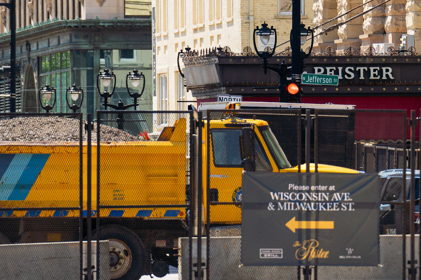 Security fencing and dump truck outside the Pfister Hotel during the Republican National Convention. The hotel is where former President Trump is staying.