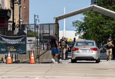 The vehicle checkpoint at the Pfister Hotel in Milwaukee. The hotel is where former President Trump is staying during the Republican National Convention.