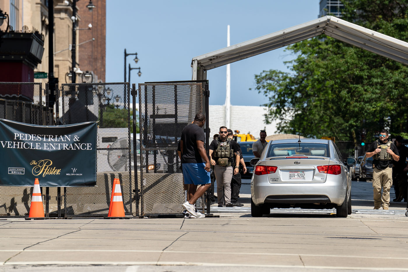 The vehicle checkpoint at the Pfister Hotel in Milwaukee. The hotel is where former President Trump is staying during the Republican National Convention.