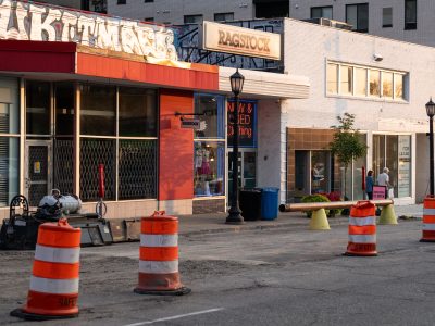 Traffic Cones Outside Ragstock on Lake Street