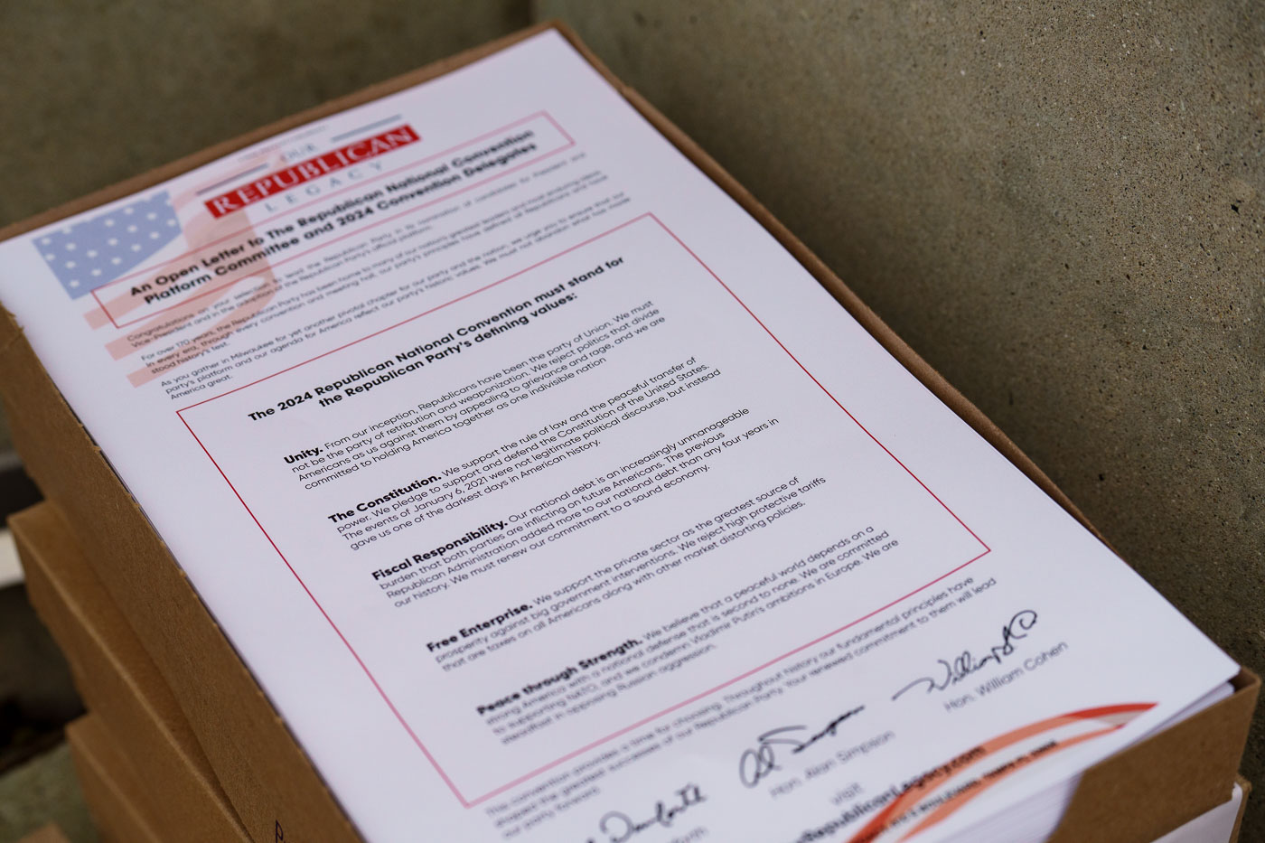 Boxes of papers found outside the Republican National Convention.