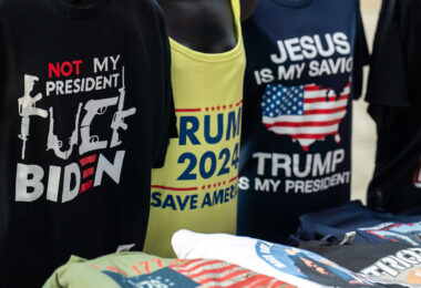 T-shirts being sold at the 2024 Republican National Convention in Milwaukee.