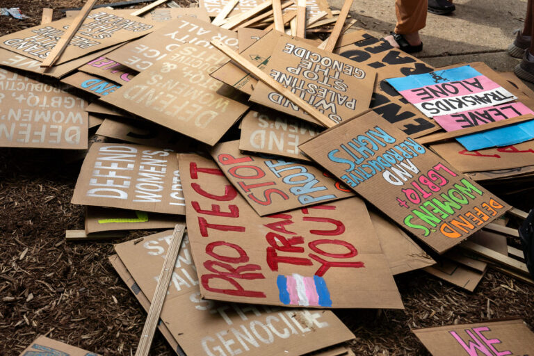 RNC 2024 Protest Sign Stack 1 A pile of protest signs after a march around the 2024 Republican National Convention in Milwaukee.