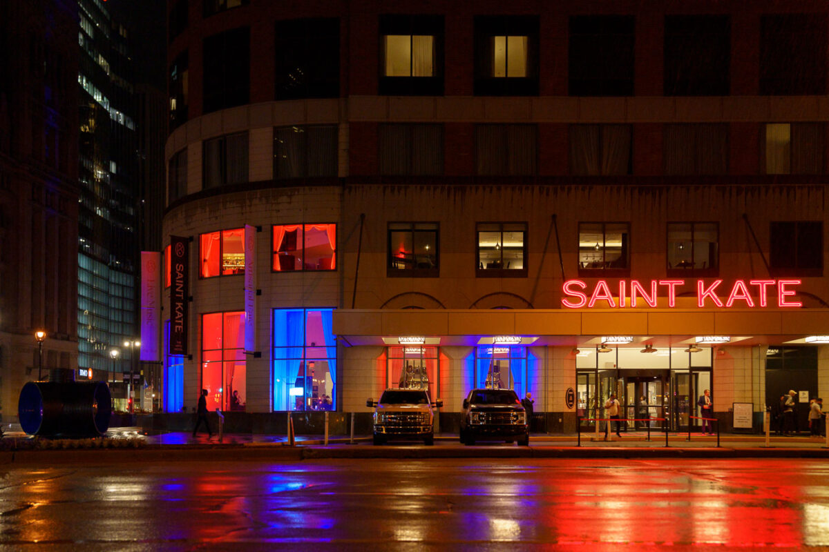 The Saint Kate Hotel in Red and Blue during the 2024 Republican National Convention.