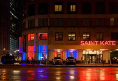 The Saint Kate Hotel in Red and Blue during the 2024 Republican National Convention.