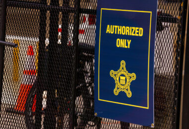 A United States Secret Service sign on a check point at the Summerfest grounds in Milwaukee during the 2024 Republican National Convention.