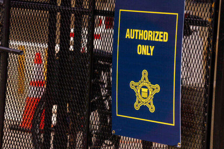 Secret Service "Authorized Only" sign 3 A United States Secret Service sign on a check point at the Summerfest grounds in Milwaukee during the 2024 Republican National Convention.