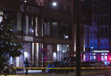 Minneapolis Police at the scene of a shooting on Lake Street in Uptown Minneapolis.