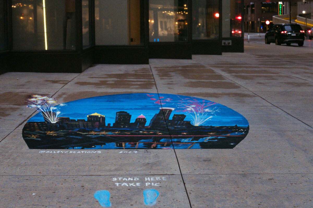 "Stand Here Take Pic" in downtown Minneapolis outside the IDS Center.