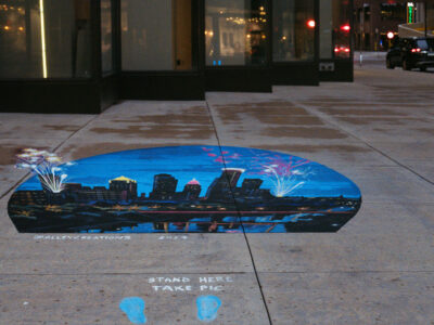 Minneapolis IDS Center Sidewalk Art: Cityscape with Fireworks