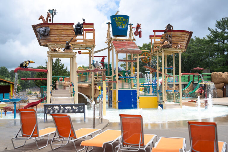 Tadpole Bay Waterpark Structure, Noah's Ark, Wisconsin Dells 2 Tadpole Bay waterpark structure at Noah's Ark Waterpark in Wisconsin Dells, Wisconsin, designed to resemble Noah's Ark with animal figures and water play features.
