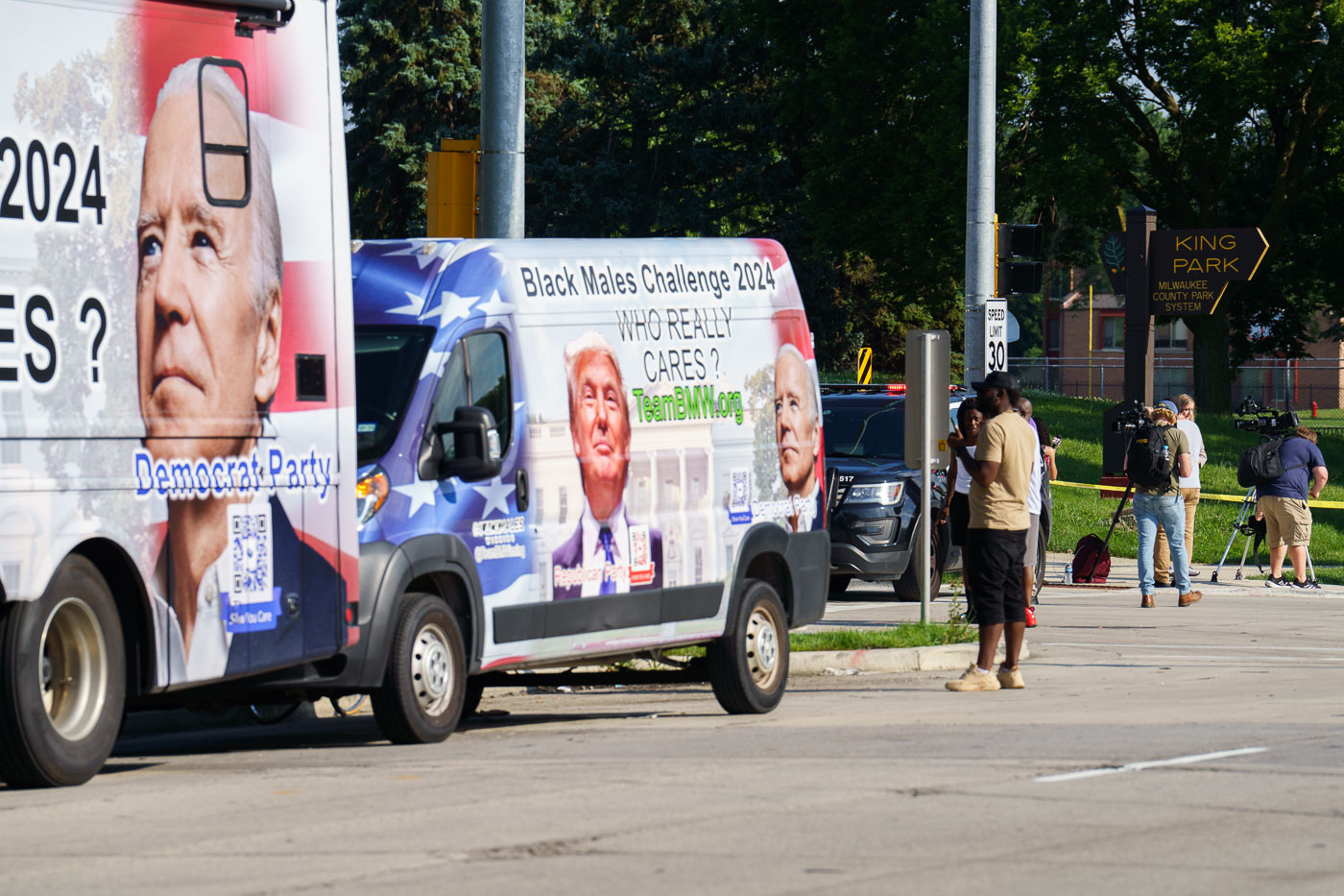 A TeamBMW.org truck at the shooting of Samuel Sharpe by Columbus Police in Milwaukee during the 2024 RNC.