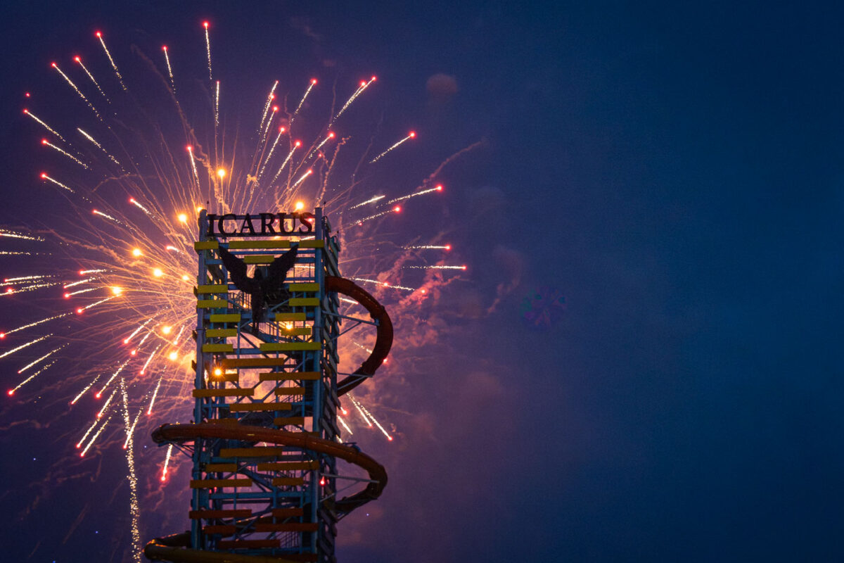 While other cities and resorts around Wisconsin Dells postponed July 4th fireworks due to weather, Mt Olympus said the show must go on. Fireworks lit up the sky behind The Rise of Icarus, America’s tallest waterslide (145ft) that opened a few weeks ago.
