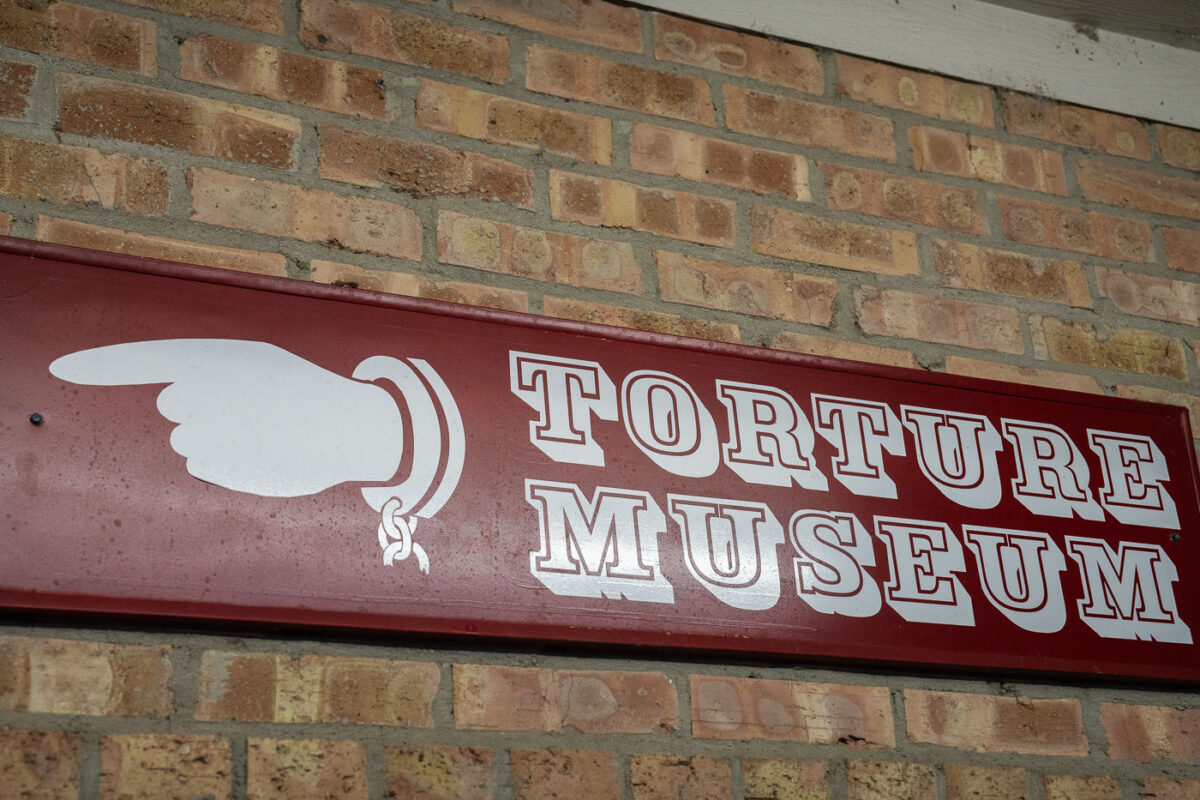 A sign for the Torture Museum in the Wisconsin Dells.