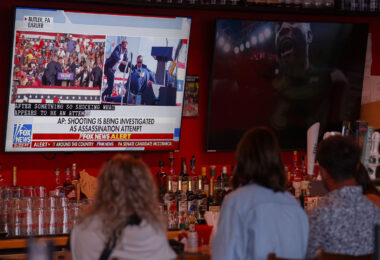 Tonight in Milwaukee across from the Fiserv Forum where the Republican National Convention begins on Monday. Patrons at a bar watch as news breaks of what’s being called an assassination attempt at a Trump rally.