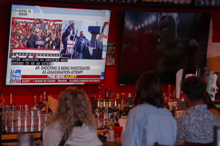 Trump assassination news on TVs across from Fiserv Forum 1 Tonight in Milwaukee across from the Fiserv Forum where the Republican National Convention begins on Monday. Patrons at a bar watch as news breaks of what’s being called an assassination attempt at a Trump rally.