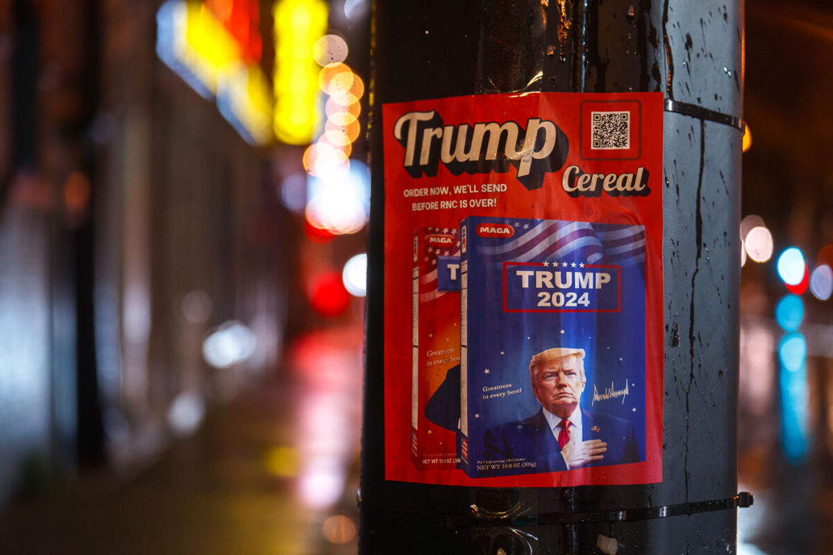 A flyer for "Trump Cereal" seen in Milwaukee during the 2024 Republican National Convention.