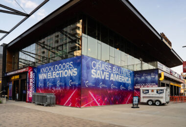 Turning Point Action branding at the Drink Wisconsinbly Pub. It's located directly across from the Fiserv Forum, the site of the 2024 Republican National Convention in Milwaukee.