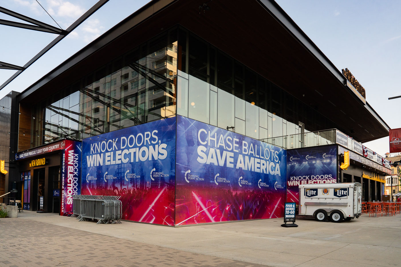 Turning Point Action branding at the Drink Wisconsinbly Pub. It's located directly across from the Fiserv Forum, the site of the 2024 Republican National Convention in Milwaukee.