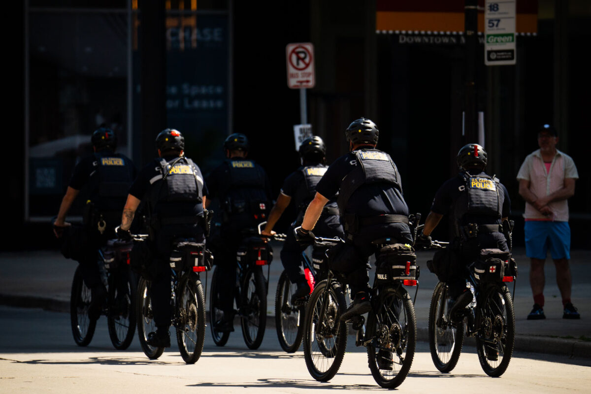 United States Capitol Police on bicycles at the 2024 Republican National Convention in Milwaukee.