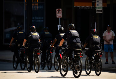 United States Capitol Police on bicycles at the 2024 Republican National Convention in Milwaukee.
