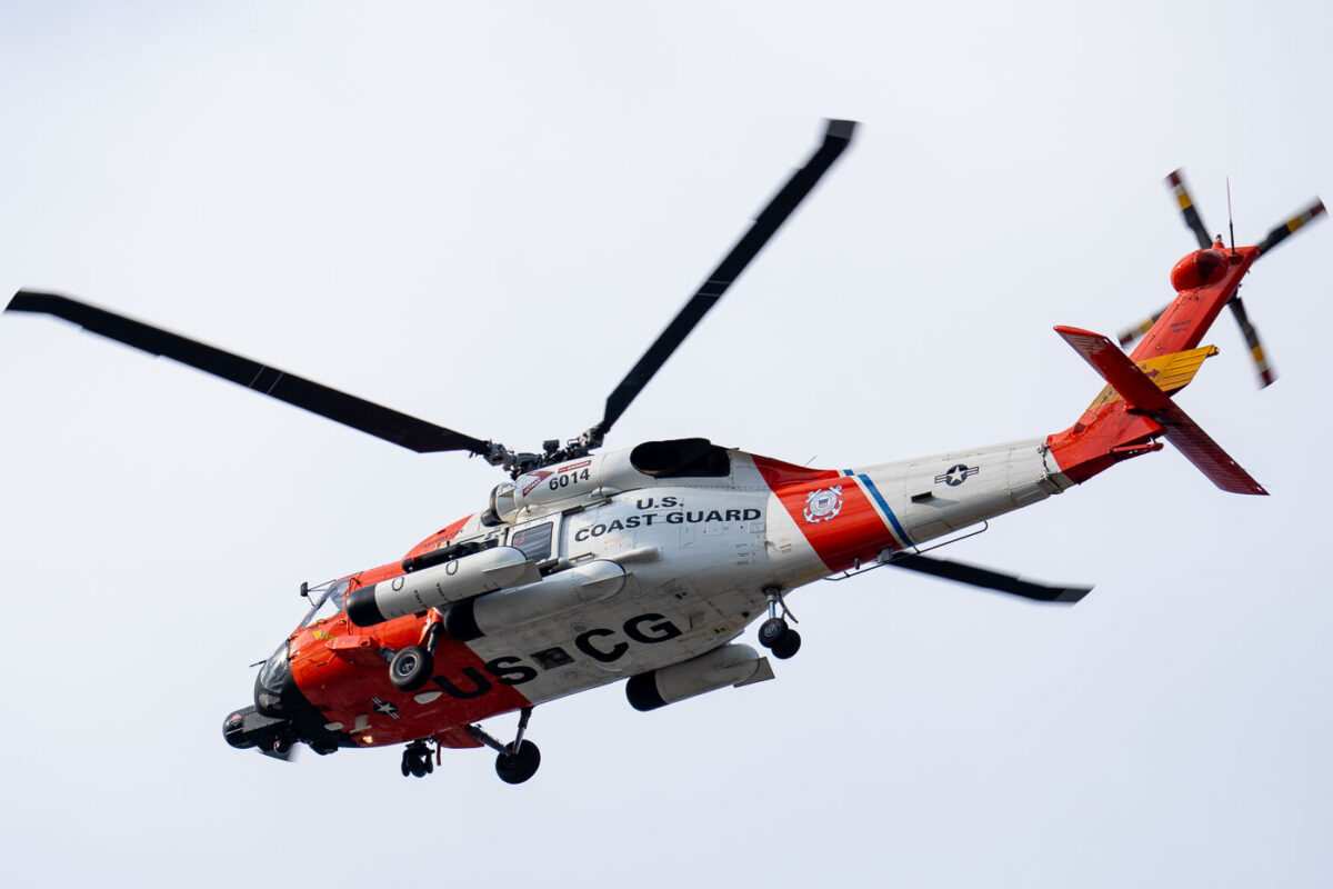 A United States Coast Guard helicopter flying over the 2024 Republican National Convention in Milwaukee.
