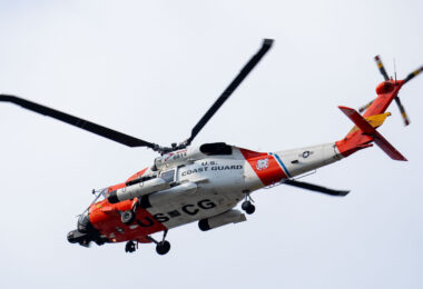 A United States Coast Guard helicopter flying over the 2024 Republican National Convention in Milwaukee.