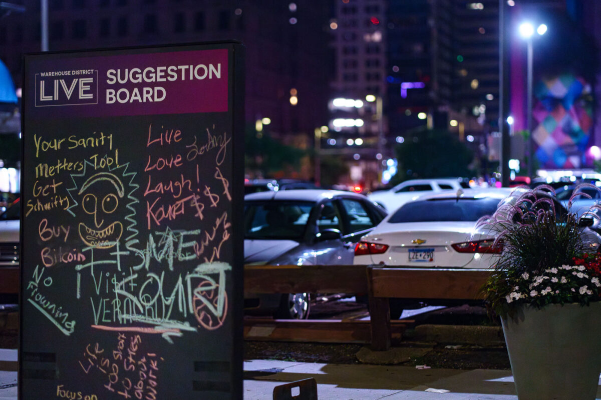 A suggestion board at Warehouse District Live in Downtown Minneapolis.