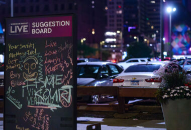 A suggestion board at Warehouse District Live in Downtown Minneapolis.