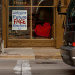 A sign reading Welcome Future Fake Electors in a window at Penzey's in Milwaukee. The store is not far away from where the 2024 Republican National Convention will be held in days.