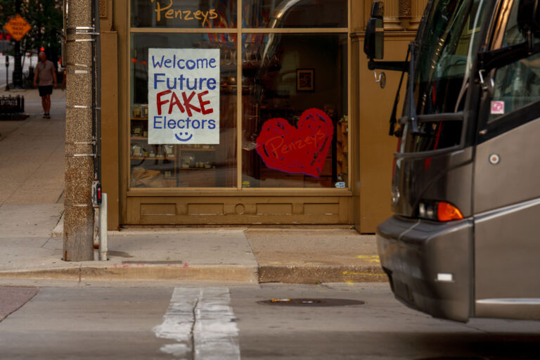 Welcome Future Fake Electors 4 A sign reading Welcome Future Fake Electors in a window at Penzey's in Milwaukee. The store is not far away from where the 2024 Republican National Convention will be held in days.